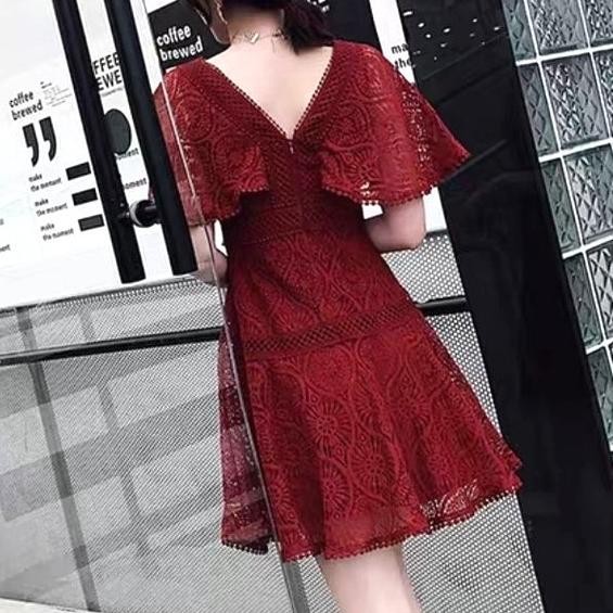 Midi Dress Flare Sleeve Lace Maroon Red Party Night Elegant CVF td