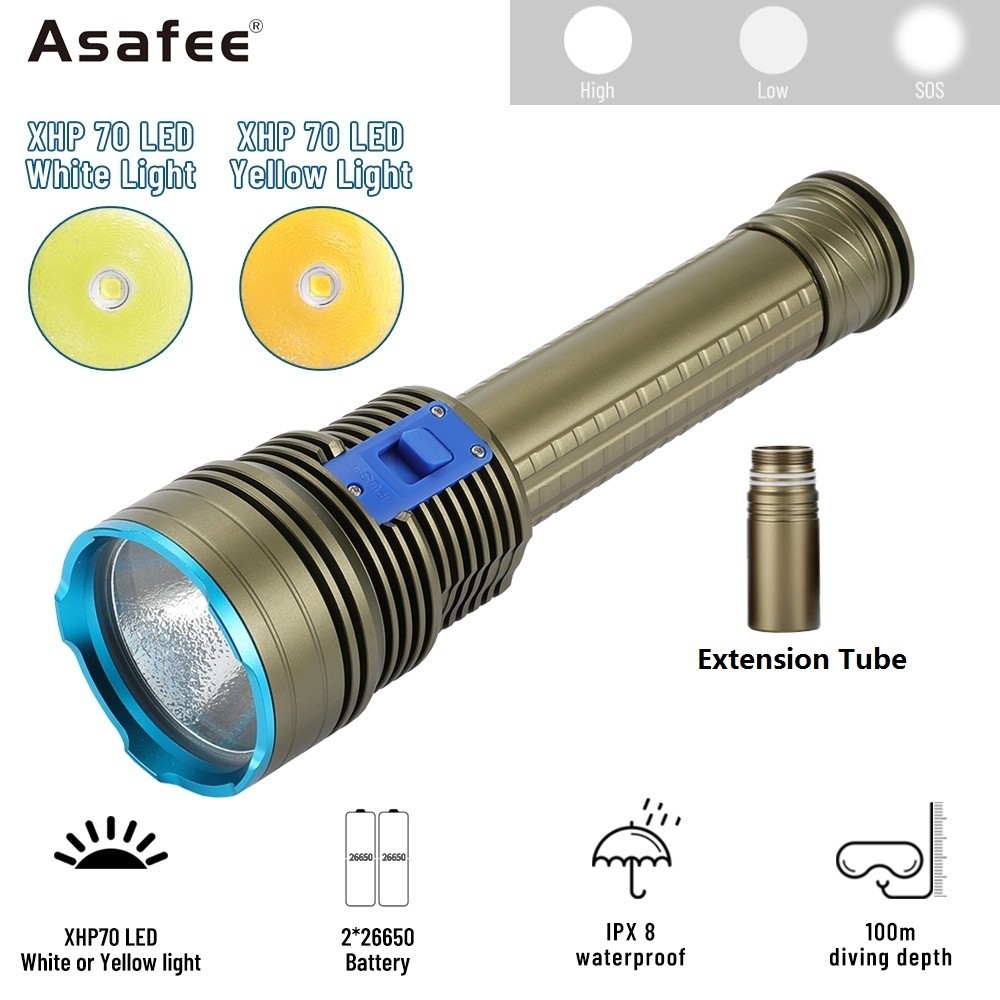 Asafee X70 Super Bright LED Senter Diving Senter 5000lm XHP70.2 Senter Rechargeable Waterproof 100m 