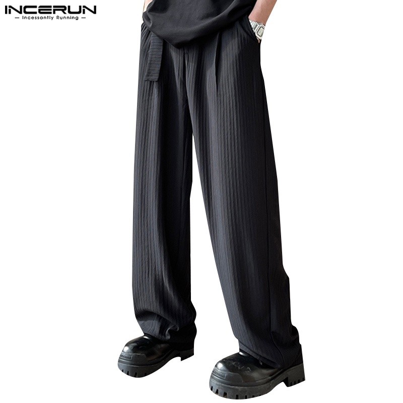 INCERUN Celana Lebar Kaki Lurus Kasual Tekstur Tirai Pria |09623539|