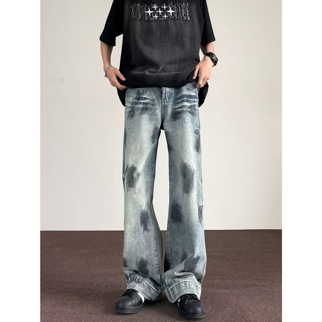 Celana Jeans Kaki Lebar Tertekan Dicuci Retro Gaya Amerika Celana Panjang Tirai Getar Cocok untuk Se