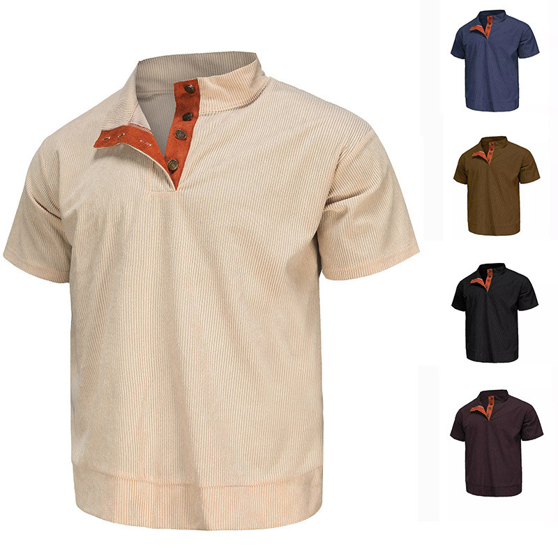 Men's Shirt Corduroy Pullover Henley Shirt Men's Casual Short SleeveTT-shirt