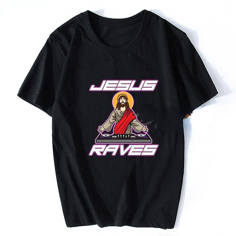 Kaus Pria Bermotif Jesus Rave Kaus Pria Kustom Harajuku Kaus Longgar Punk Kaus Longgar