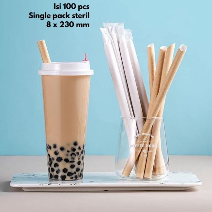 Murah Sedotan kertas boba jus isi 100pcs ukuran besar 8x230mm single pack bungkus kertas Paper straw