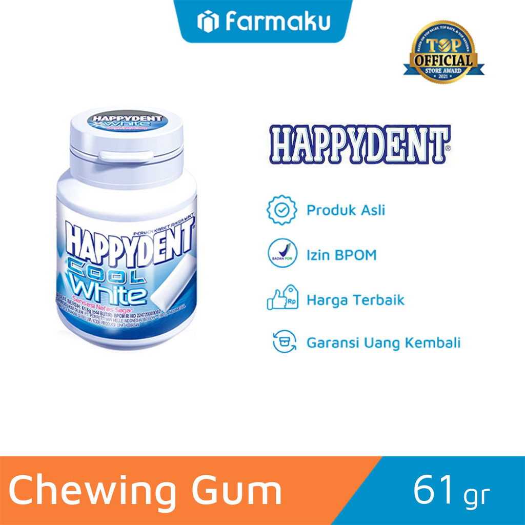 

Happydent Cool White Bottle 61.6 gr - Permen Karet Rasa Mint