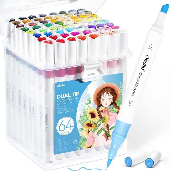 

Terlaris Ohuhu Markers 64 Colors Dual Brush Chisel Tip Drawing Pen water based SALE