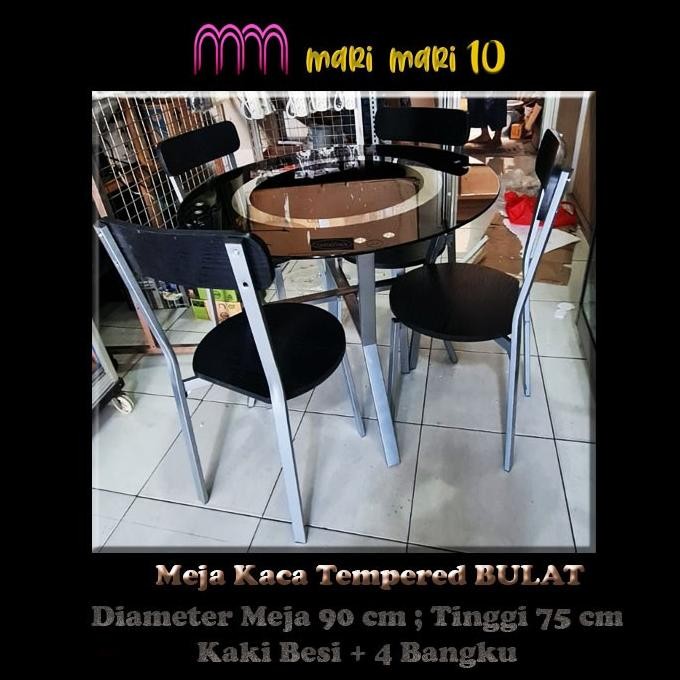 Meja Makan Minimalis Kaca Tempered Bulat Set 4 Kursi Bungakoto48