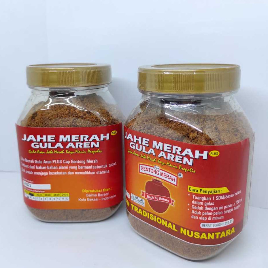 

Jahe Merah Plus Gula Aren Kayu Manis Propolis Cap Gentong Merah 250 gr