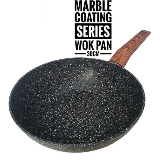 Wok Pan Anti Lengket Yoshikawa Marble Ceramic Wok 30Cm
