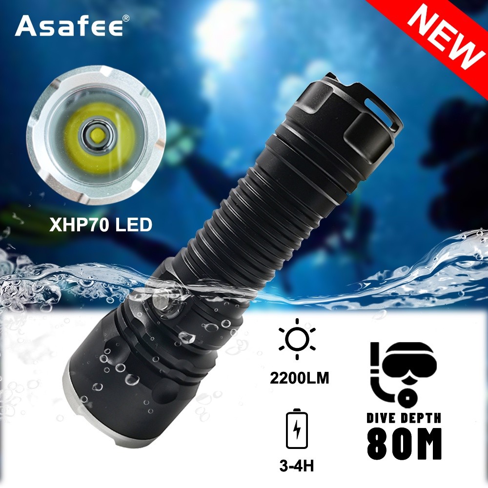 Asafee A18S Super Terang Kuat 2200LM XHP70 LED Senter Selam Scuba Diving Bawah Air 50-80M menggunaka