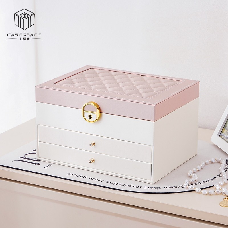 CASEGRACE Kotak Perhiasan Besar Laci Penyimpanan Kotak Perhiasan dengan Kunci dan Kunci Tahan Debu u