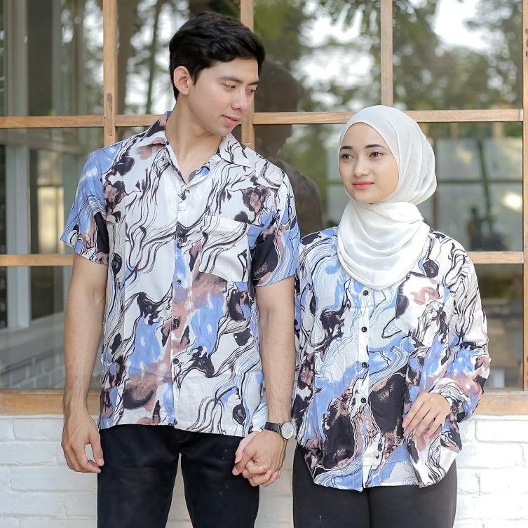 SPECIAL Baju Kemeja Couple Pasangan Remaja Kekinian Casual Motif Full Print Terbaru san-152