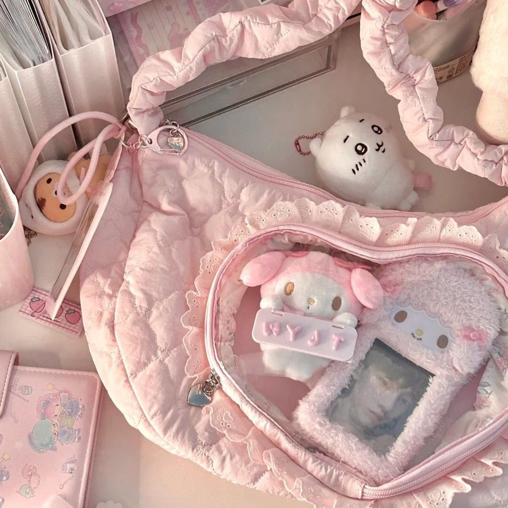 Tas selempang bahu gaya girly lucu desain renda cinta tas nyeri dua dimensi tas boneka berkapasitas 