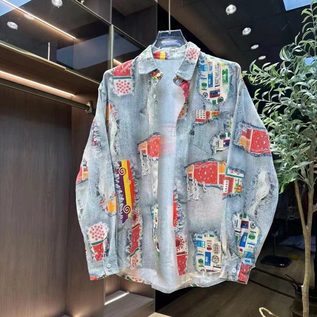 Baju Lengan Panjang Pria Berkerah Desain Cetak