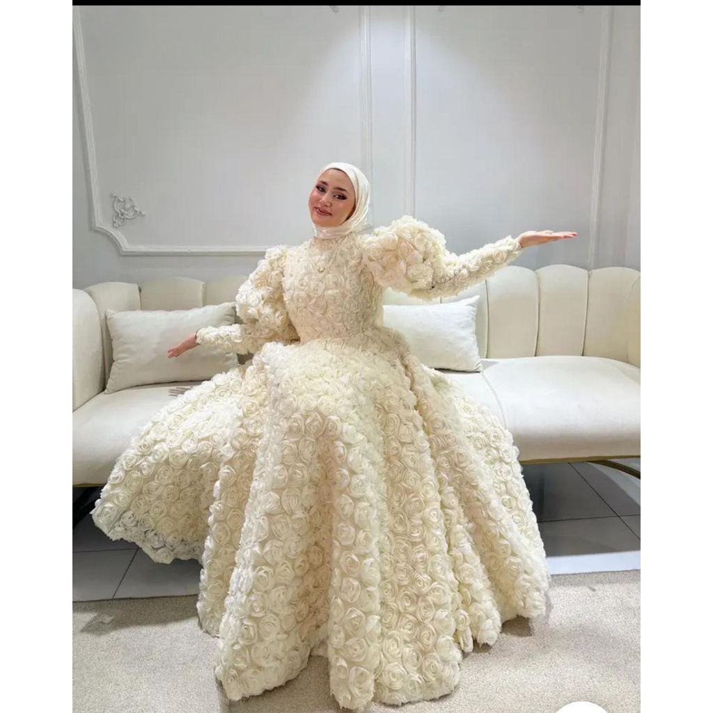 Gaun Pernikahan Motif Bunga, Busana Muslim Kerah Berdiri, Lengan Panjang Semua-inklusif, Gaun Pernik