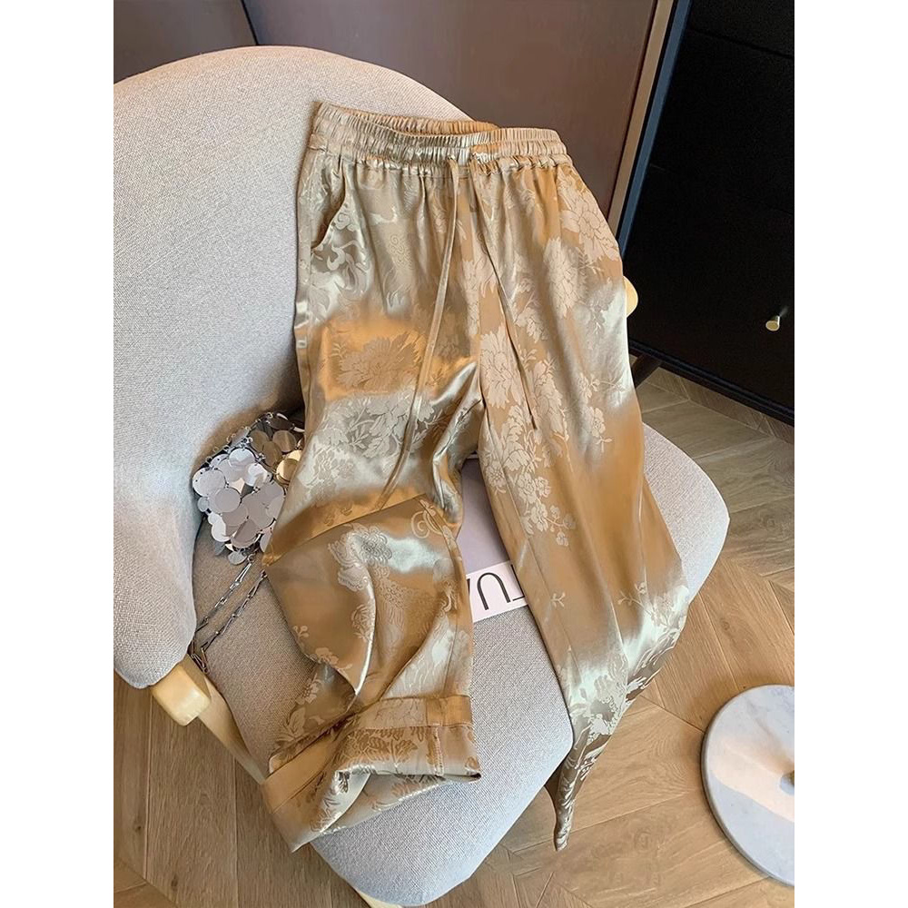 8Perempuan Berkualitas Tinggi150kgCelana Kasual Satin Jacquard Gaya Celana Tinggi Pinggang Tinggi