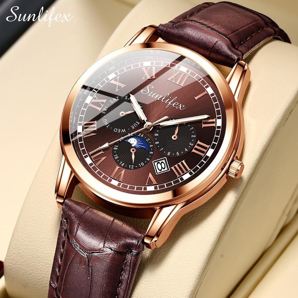 Sunlifex Jam Tangan Pria 7003 Kalender Kuarsa Santai Bisnis Tali Kulit Jam Tangan Cowok