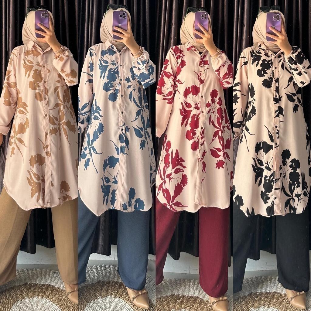 Abaya syari MUNNA TUNIK SET CELANA Setelan Tunik Wanita Motif Bunga Panjang Muslim