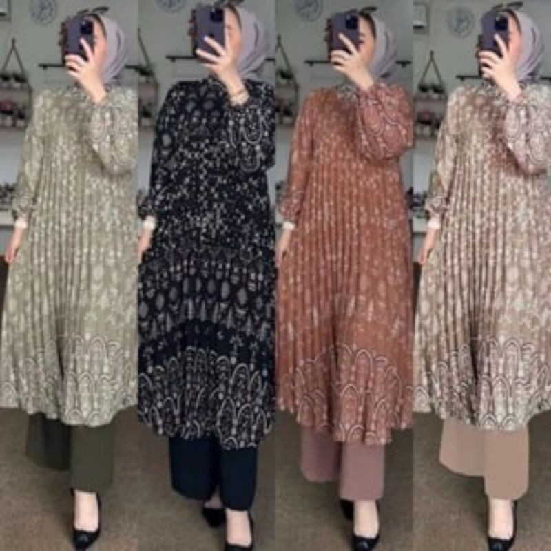 Dress Sexy New Oneset Long Tunik Plisket Kamila Setelan Tunik Panjang Wanita Oneset Jumbo Lengan