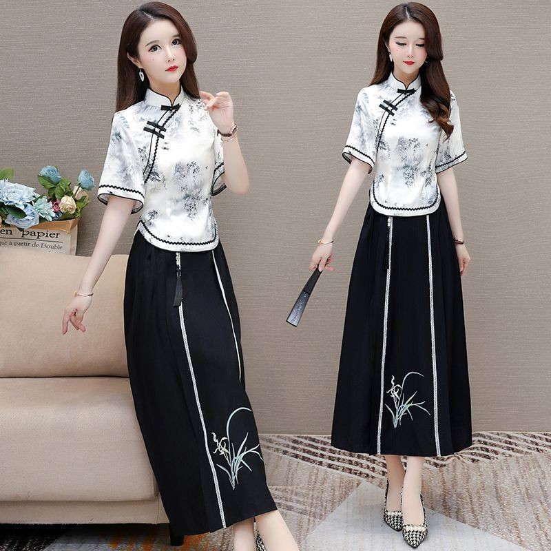 New Cheongsam Two-Piece Ink Printing Hanfu Skirt