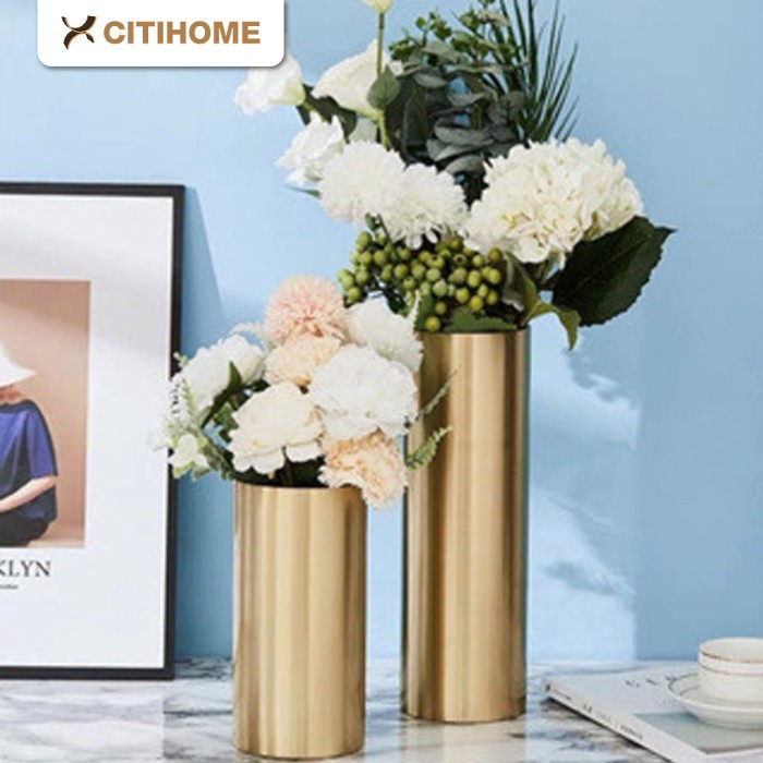 VAS POT BUNGA GOLD SILINDER STAINLESS FLOWER VASE LUXURY HOME DECOR