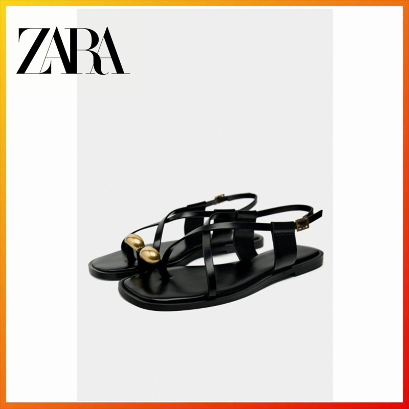 Sepatu Wanita ZARA Sandal Datar Bertali Dekorasi Logam 1610310 |VzT8acQj|