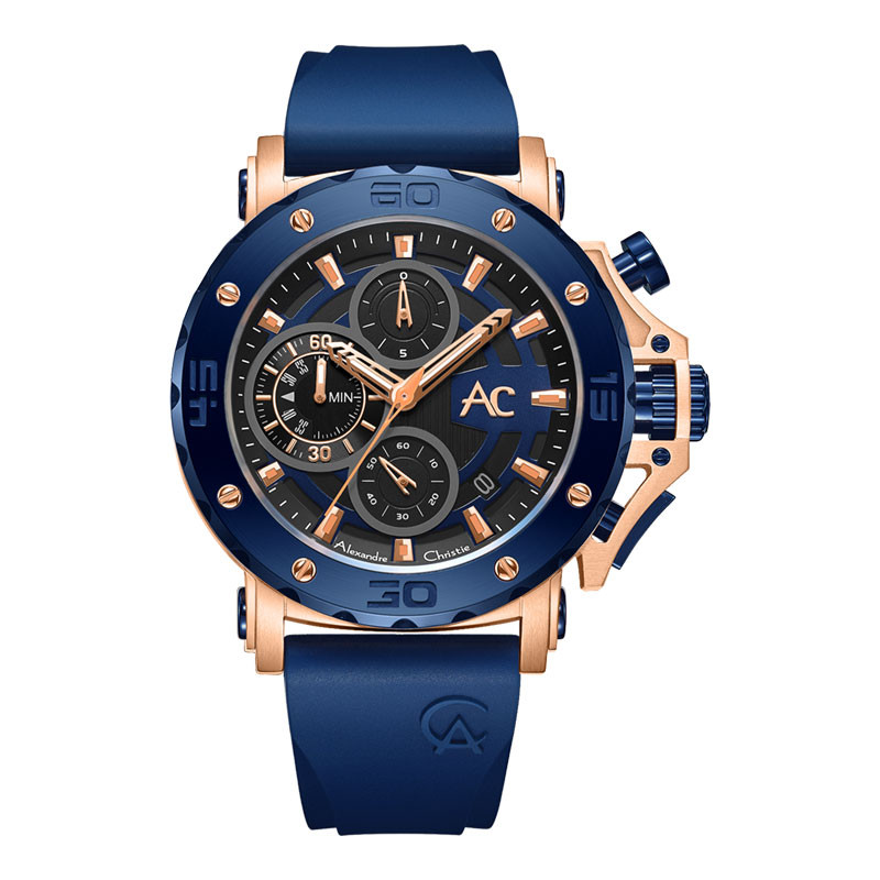Jam Tangan Pria Alexandre Christie Chronograph AC 9205 MC RURBU Men Black Dial Blue Rubber Strap