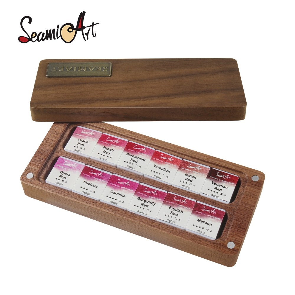 SeamiArt, Set Cat Air Solid Merah Mawar 12 Warna, Kotak Kayu Kenari Hitam, Kotak Hadiah untuk Dekora