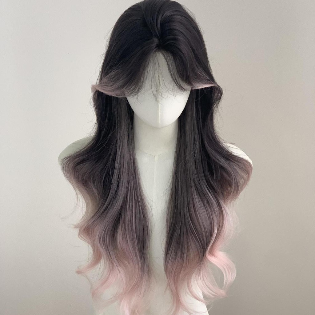 Wig Wanita Full Kepala Wig 2 Warna Highlight Wig Korean Style Wig Pink Ombre Wig Rambut Panjang Curl