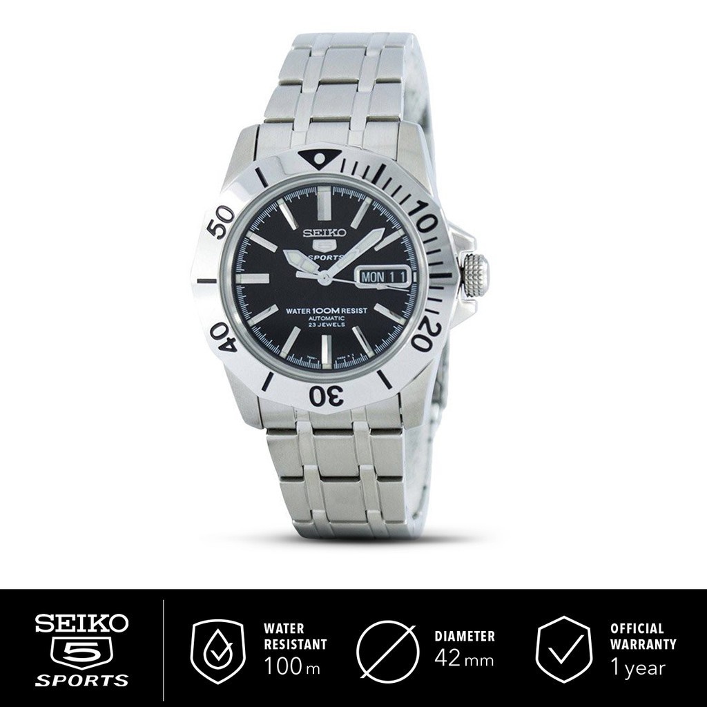 Jam Tangan Pria Seiko 5 Sports Automatic Black Dial Stainless Steel Strap SNZF75K1 Original