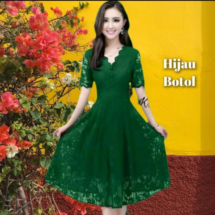 JUAL dress cocktail wanita kirei baju gaun pesta natal brukat hijau botol