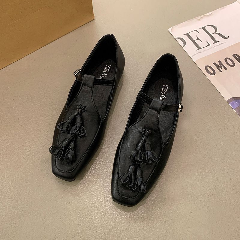 Sepatu Wanita Gaya Perancis Vintage Mary Jane Sepatu Persegi Wanita Kaki Sepatu Kulit Kecil Tali Dat