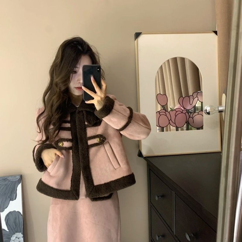 Pink Fur Coat Short Lamb Wool Top Skirt Suit Warm and Slimming Two-Piece Set