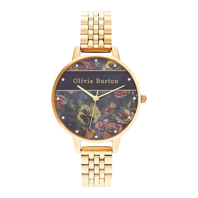 Jam Tangan Wanita Olivia Burton Floral OB16VS01 Varsity Multicolor Dial Gold Stainless Steel Strap