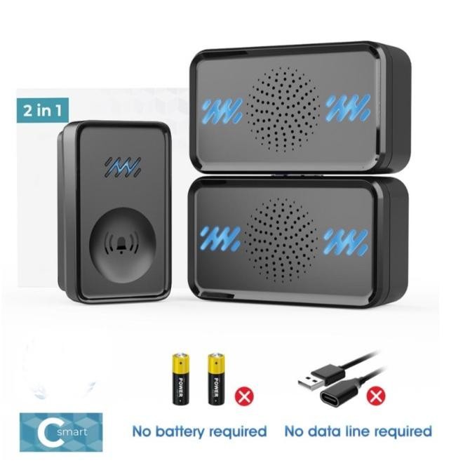 Bel Pintu Rumah Remote C Smart Black Wireless Waterproof Doorbell 1x Remote 2x Receiver Wireless Sel