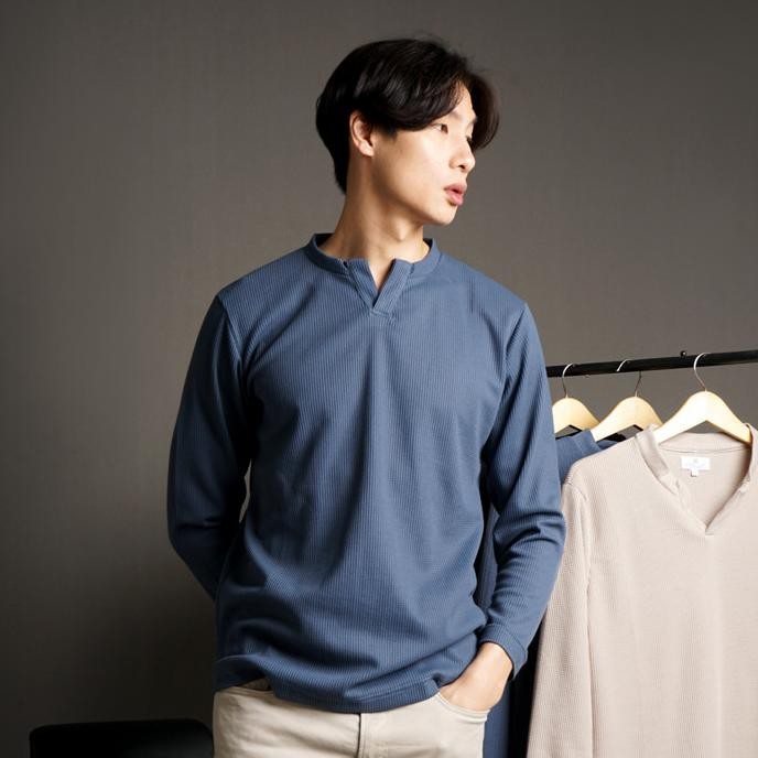 NAWLA - ATASAN PRIA KAOS LENGAN PANJANG WAFFLE KNIT SHIRT KERAH V-NECK
