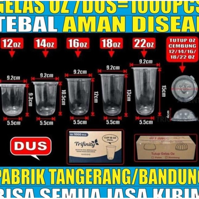 Gelas Oz Oval Tebal 12Oz 14Oz 16Oz 18Oz 22Oz Datar Rata Dus Bening Cup Plastik /Dus Jskrm