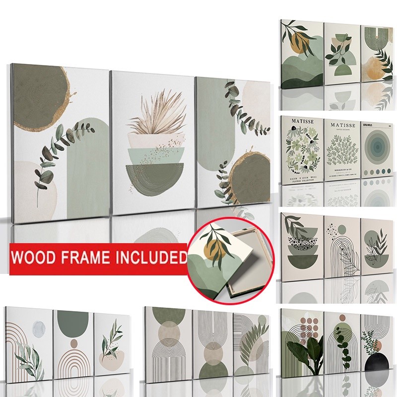 

(Dengan Bingkai) 3 lembar Lukisan Kanvas Seni Dinding Bohemian Sage Green dengan Bingkai Poster Daun Tanaman Geometris Abstrak Nordik Dekorasi Rumah Kamar Tidur |Z6VjWbEe|
