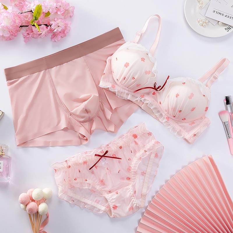 Ice Silk Couple Bra Underwear with Bra Suit Cute Point Couple Underwear