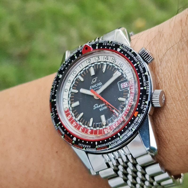 Original 60s Vintage Watch Enicar Sherpa Guide 600 GMT World Timer RARE and Collectible