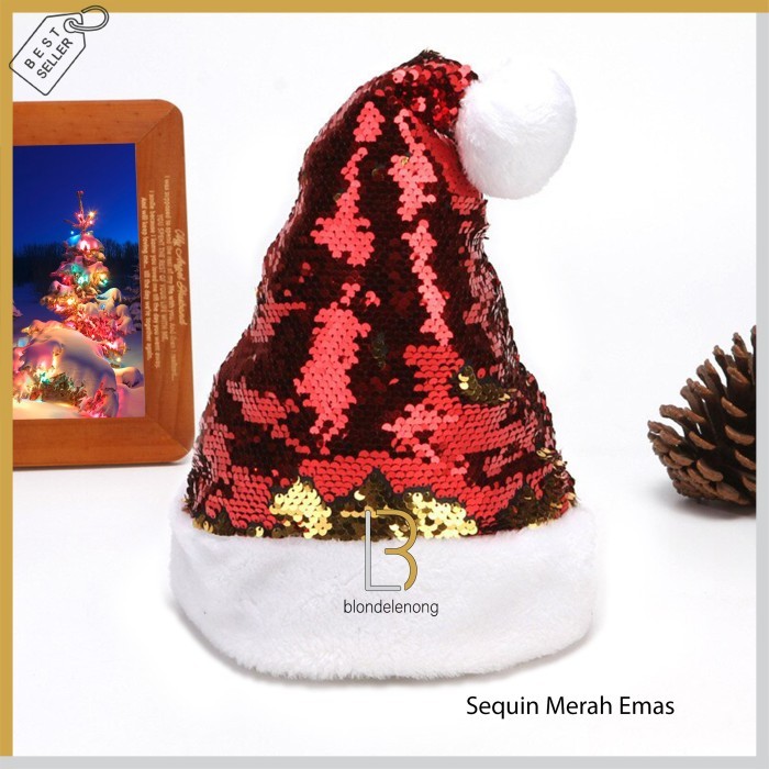 

NEW! Topi Santa Christmas sequin dua warna hijau dan merah - Merah Emas Limited