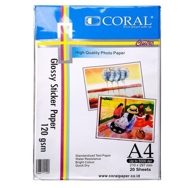 

1 PAK A4 KERTAS STICKER CORAL 120 GSM GLOSSY