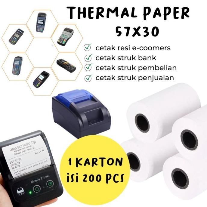

PRODUK BARU!! KERTAS STRUK KASIR PAPER ROLL TERMAL 1 KARTON 200 ROLL UK 57X30MM