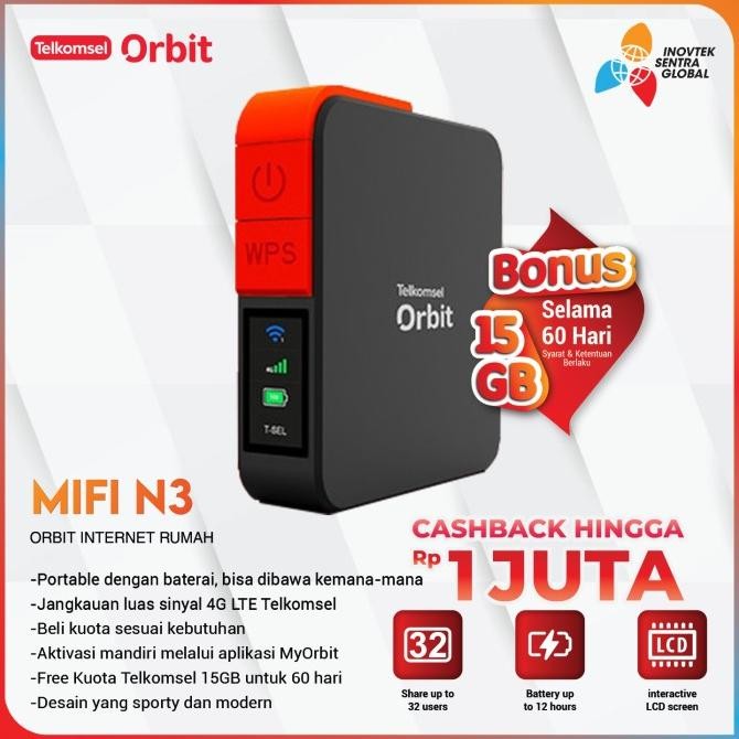 Telkomsel Orbit Mifi N3 - HKM M23 Modem Mifi Wifi 4G Portable High Speed Bonus Data