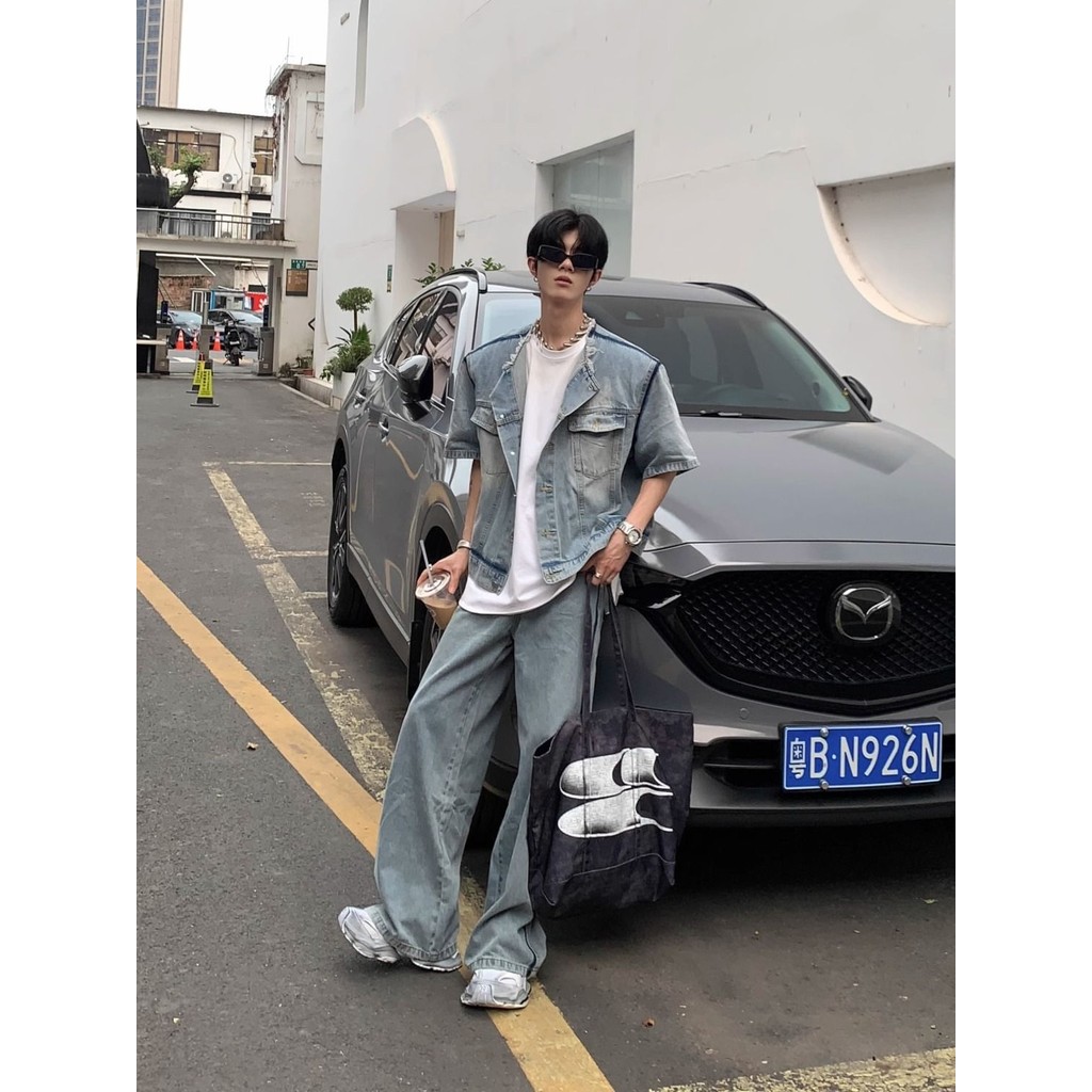 Pakaian Pria Musim Panas, Baju Denim Berjumbai Tanpa Kerah Gaya Korea Rumbai Tampan, Atasan Lengan P