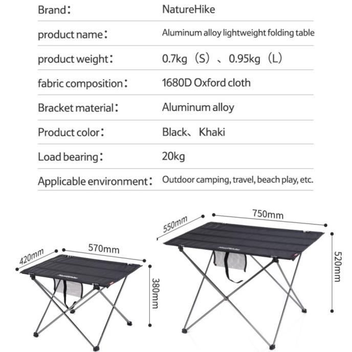 Meja camping naturehike NH20JJ020 meja lipat ringan outdoor