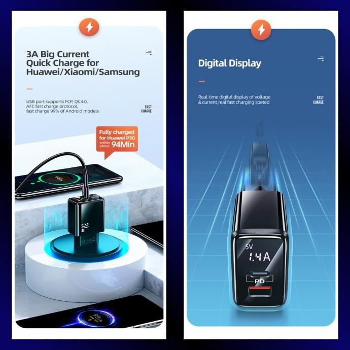 Usams T40 Adapter Charger Fast Charge Digital Display Qc3.0 Pd 20W