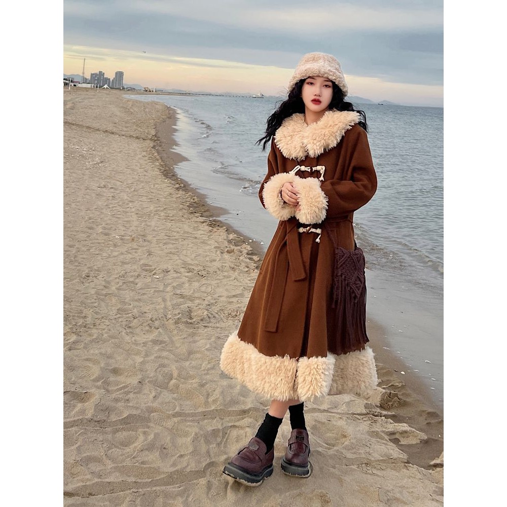 Maillard Brown Fur Stitching Long Sweater Coat Thick Woolen Coat