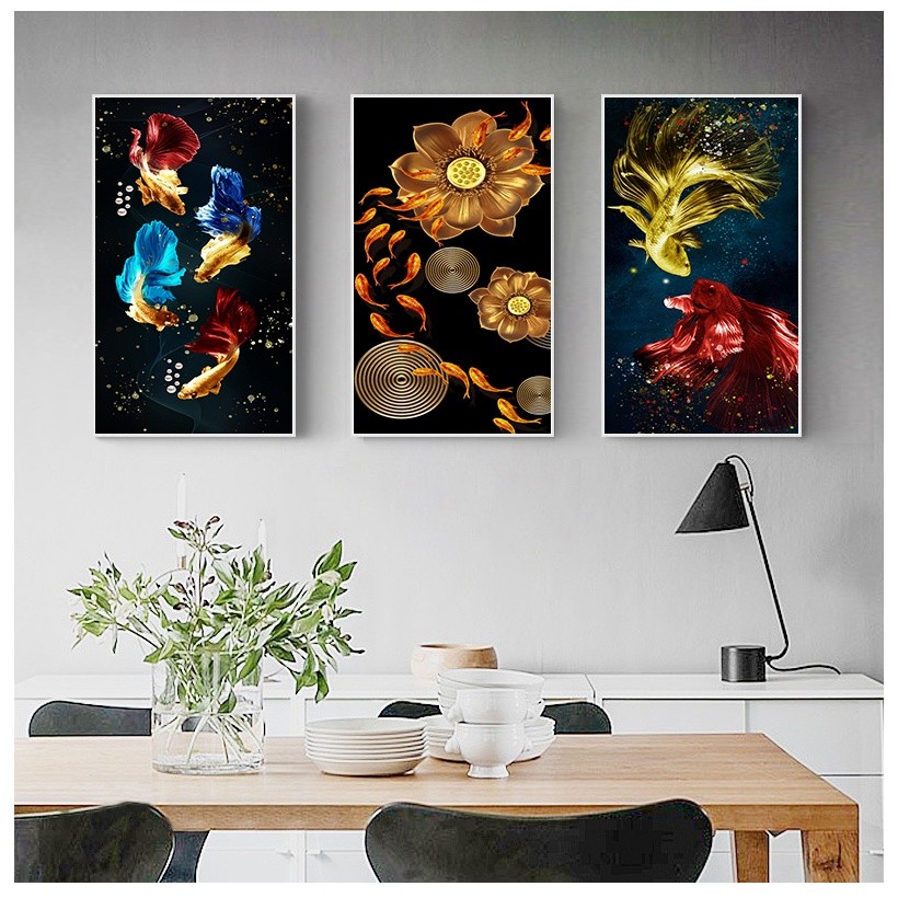 Bingkai Kayu Ikan Koi Feng Shui Ikan Mas Kolam Teratai Kanvas Lukisan Poster Cetak Gambar Seni Dindi