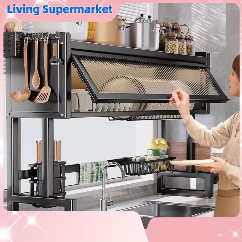 Rak Piring Dapur Stainless Steel Rak Piring Tertutup Gantung Cuci Piring Wastafel