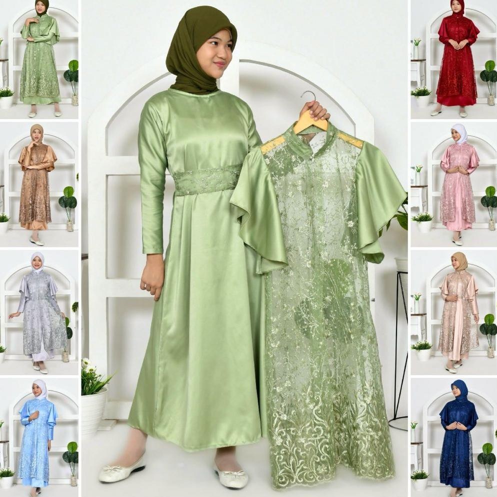 (SUPLIER) 2IN1 GEORGINA ANAK DRESS INNER + OUTER BRUKAT TILLE PREUM / FREE BELT / SET GAS MAXI DRESS